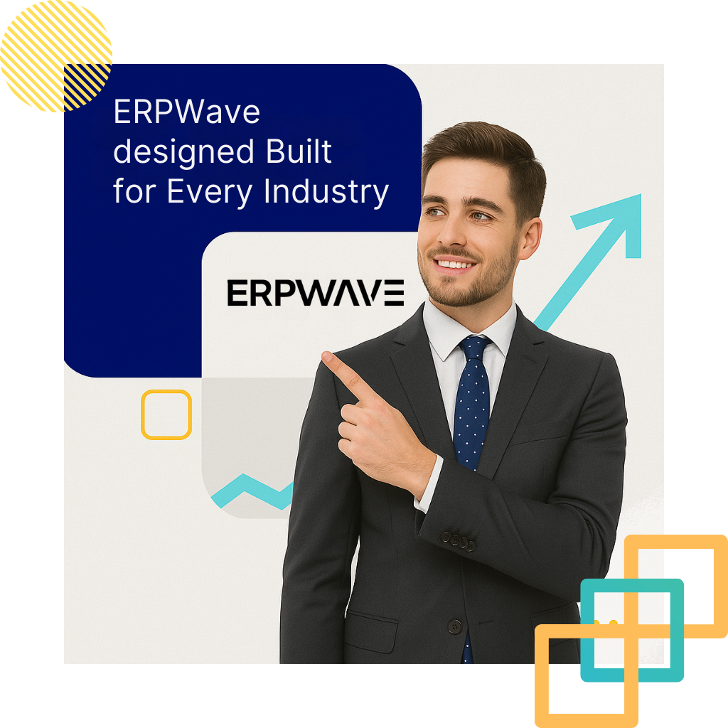 Business professional pointing at ERPWave branding with growth arrow – ERP software designed for every industry